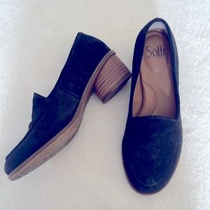 Black suede stacked heel loafers